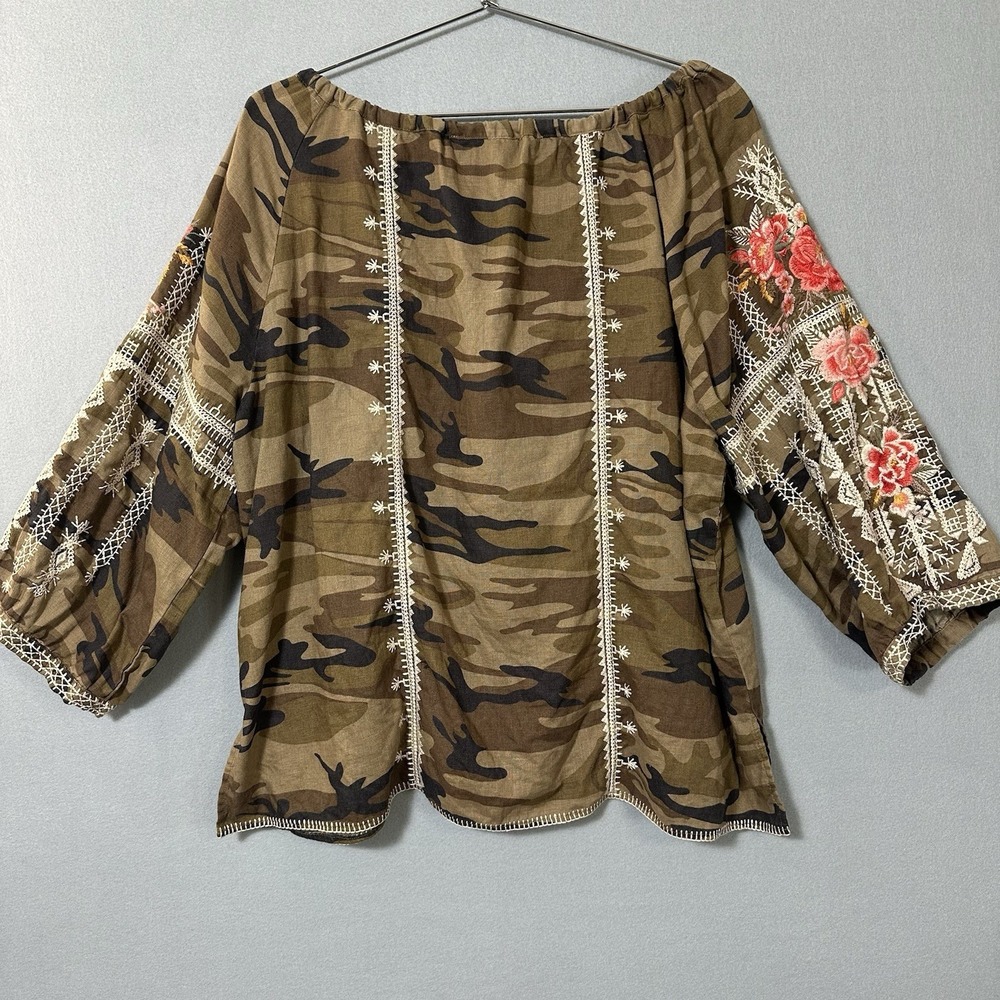 Johnny Was Linen Top Women's XXL Camo Floral Embroidered Balling Sleeve Boho - Picture 7 of 11